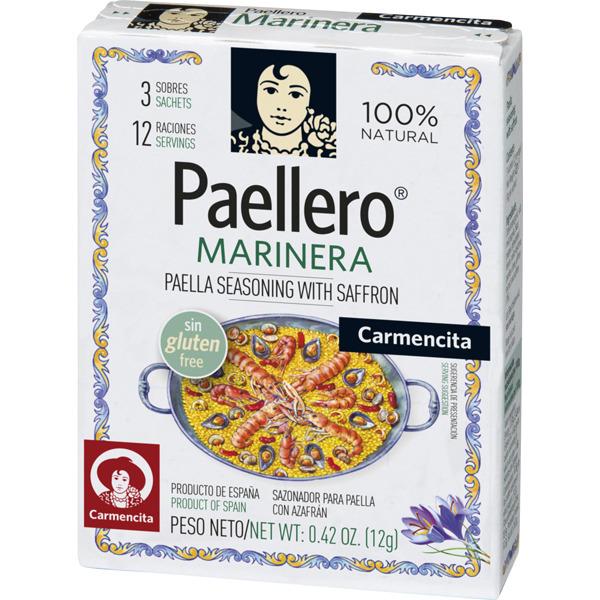 Gewürze / Aromen für Fischpaella mit Safran. Marke Carmencita. 12g Packung.