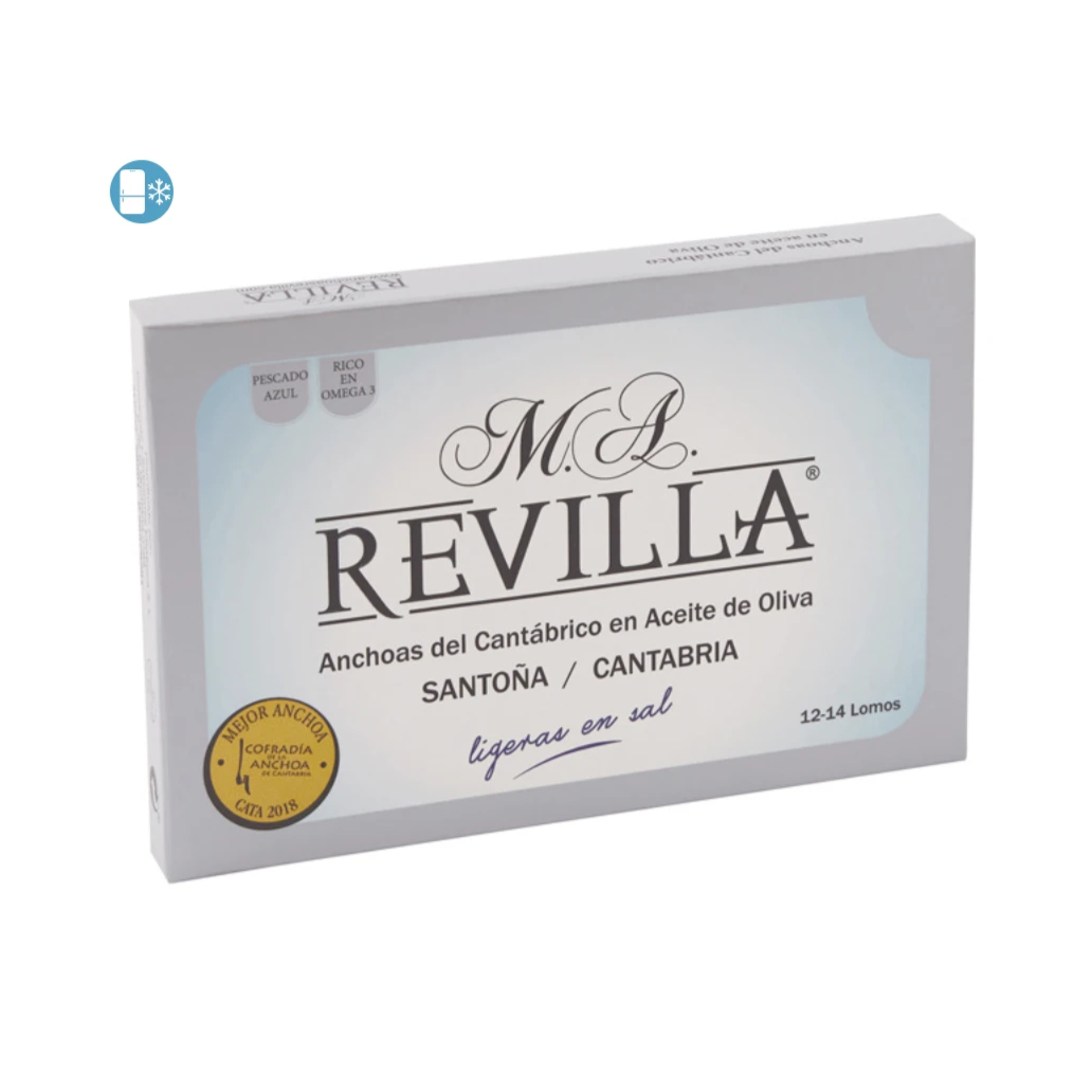 Sardellen / Sardellenfilets / Anchovisfilets aus dem Kantabrischen Meer in nativem Olivenöl. Marke Revilla. Salzarm. 12 Stück.