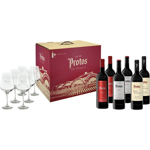 PROTOS  Rotwein Eiche + Crianza + Ausgewählte Traubenlese DO Ribera del Duero Kiste 6 Flaschen 75 cl + 6 Gläser